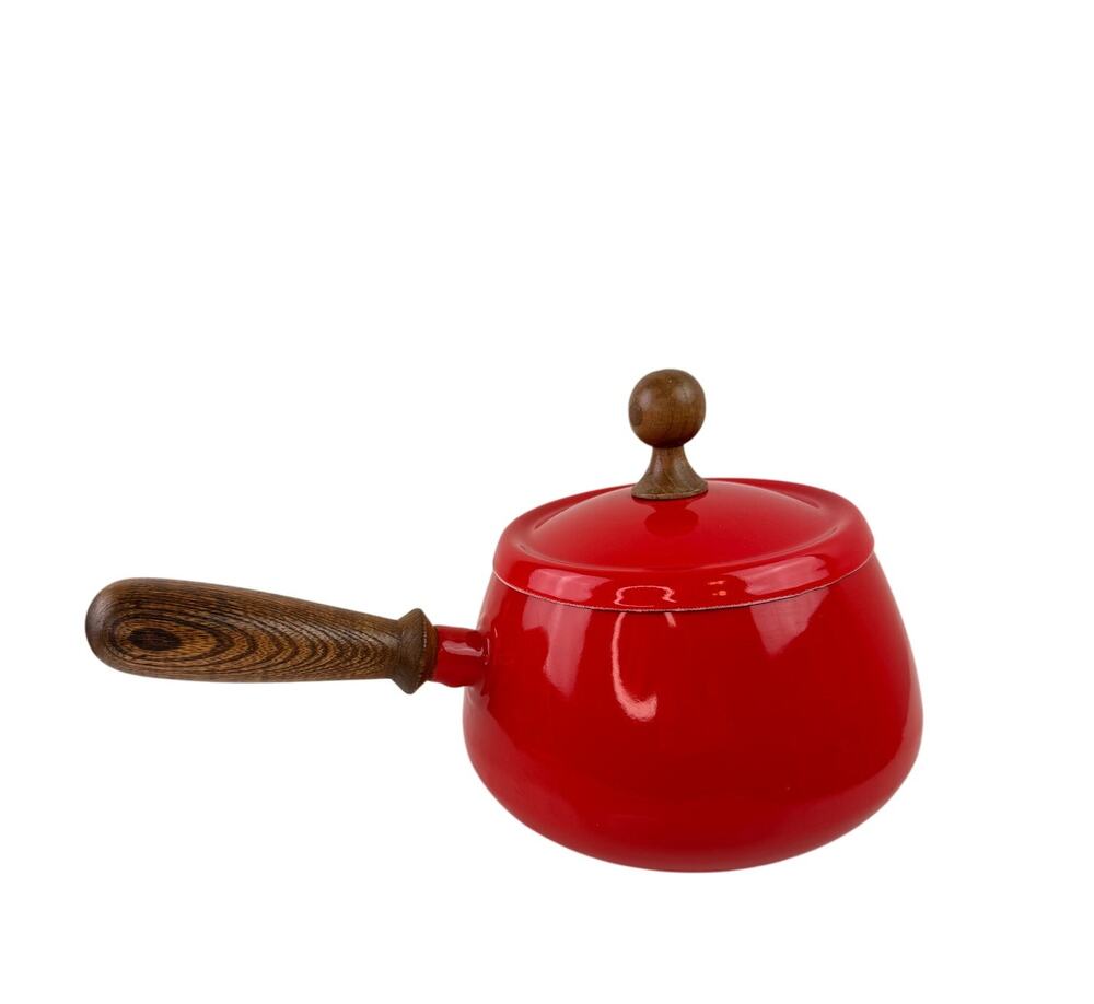 Vintage Styson Bright Red Enamel Fondue Pot Aluminum Wooden Single Handle Lid